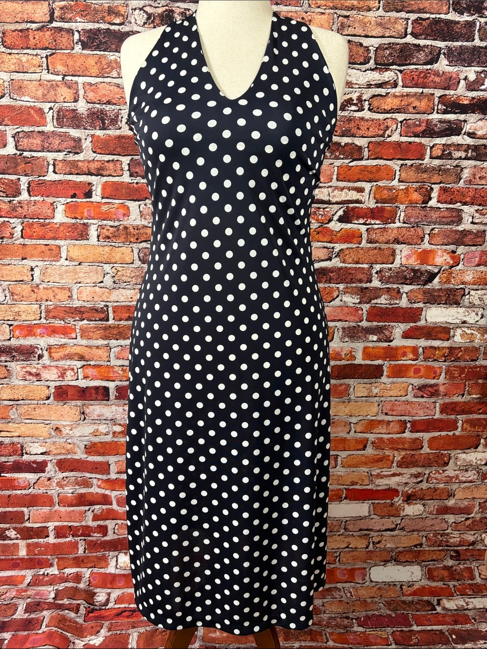 Y2K Vintage Lauren Ralph Lauren Classic Navy Polka Dot Halter Midi Dress Large